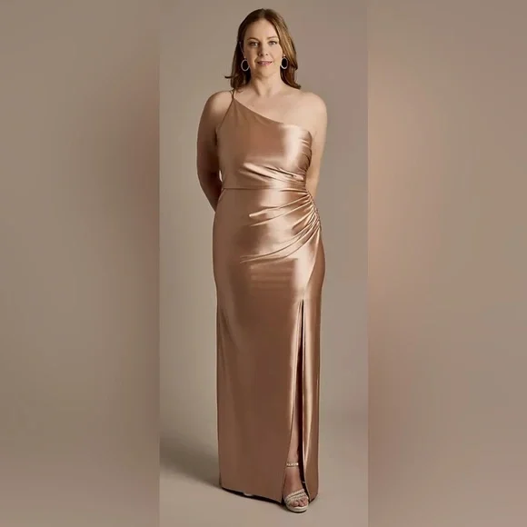 David's Bridal | Dresses | Davids Bridal One Shoulder Satin Dress In Gold |  Poshmark